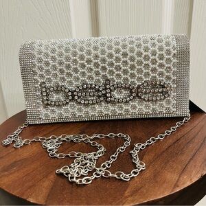 bebe Luxor Silver Crystal Clutch Evening Bag NWT Rhinestone Logo Sparkly Prom